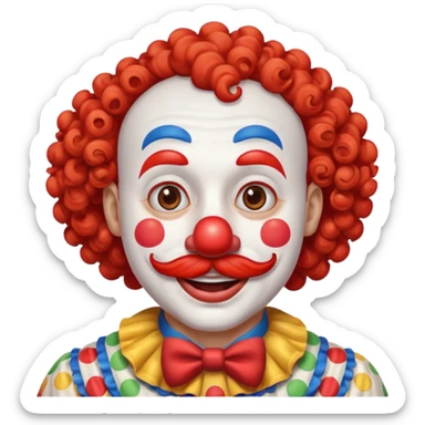 Classic clown — curly mustache, red nose sticker