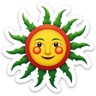 Medieval Banner with a white background, yellow sun in the foreground, and red beams on the sun, add green edges to the banner and make the sun have a crudely drawn face in black sticker