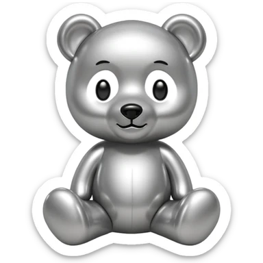 A cute teddy bear emoji made of liquid silver chrome, smooth rounded body, glossy metallic surface, soft reflections, friendly proportions, iOS emoji style, centered, clean white background sticker