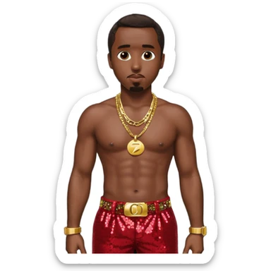 P Diddy with dark brown hair, dark red sequin baggy pants, shirtless with necklace sticker