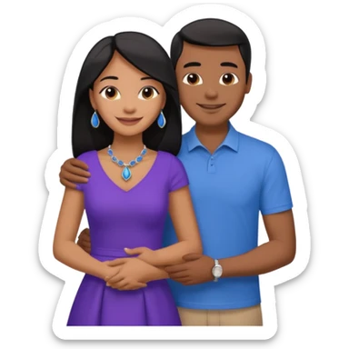smiling embracing interracial couple. man is tan and has brown straight hair he is wearing blue. woman has very dark color skin and long black hair. she is wearing purple and has matching blue jewelry on sticker