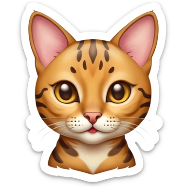 Cinematic Cute Bengal Cat Portrait Emoji, Playful and charming, sleek spotted brown and gold tones, Simplified yet adorable features, highly detailed, glowing with a warm, friendly glow, high shine, curious and affectionate, stylized with a touch of whimsy, bright and alert, soft glowing outline, capturing the essence of a mischievous yet loving kitten, so endearing it feels like it could pounce out of the screen and play! sticker