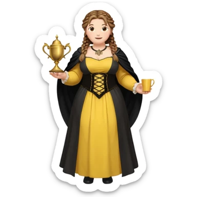 Helga Hufflepuff,brown-haired,2 braids,yellow-black medieval open dress,deep neckline,fat macromastia,black cloak decorated with gold braiding,gold cup with two handles,very kind smile,curvy busty sweet woman,round rosy cheeks,full length with medieval shoes sticker