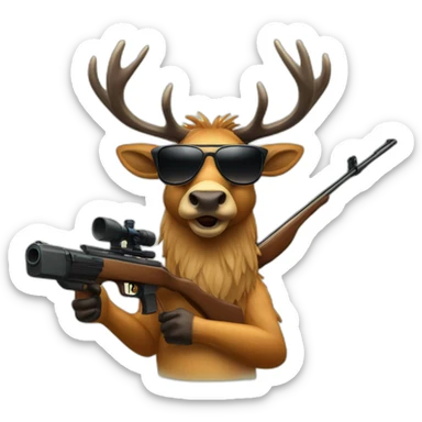 Elk wearing sunglasses holding a rifle sticker