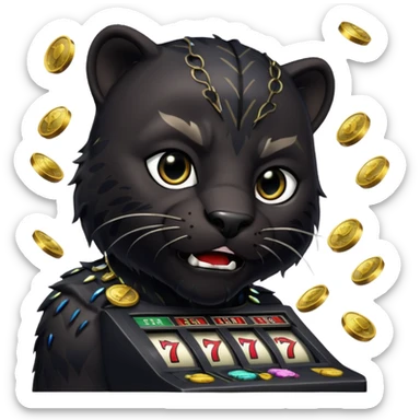 disheveled Black Panther losing money at a slot machine, panicked face, coins flying sticker