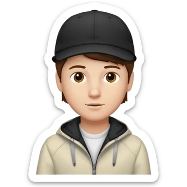 Créame a un chico blanco con gorra negra con el pelo castaño y qué tenga una chaqueta blanca sticker