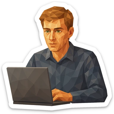 polygonal style man with light brown hair and green eyes sitting in front of a laptop sticker