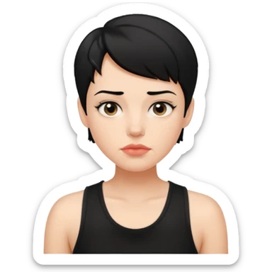a white woman with short tomboy black hair with mole on top of her lip wearing men's black tank top sticker