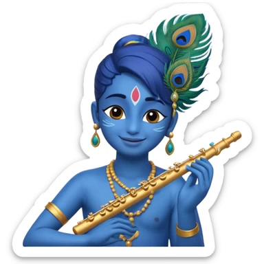 Krishna with blissful expression, eyes closed, playing flute, blue skin, peacock feather in hair, emoji style sticker