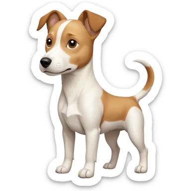 a full body facing front on of a buff white beagle cross jack russell terrier looking dog the size of a kelpie with light brown long ears resting on its face and a light brown patch above one eye and a large snout. the rest of the dog is completely white.  sticker