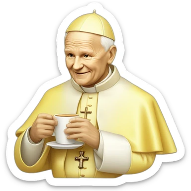 pope John Paul II yellow hue drinking cofee sticker