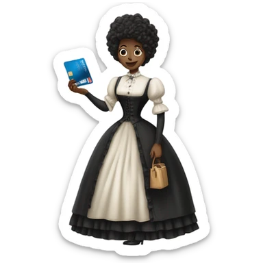 galora waitress in Victorian dress elegant, full body, holding big credit card sticker
