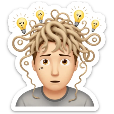 Person with a chaotic mind, swirling tornado of tangled thoughts around their head, containing question marks, light bulbs, and scribbles. The person has a bewildered, overwhelmed expression. sticker