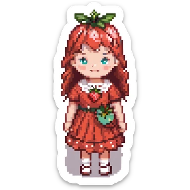 Little girl in red dress with white polka dots and strawberry on the right side of her head sticker