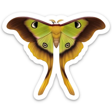 chinese moon moth from above, with accurately detailed wings and colouring, long tendril like lower wings, and little black eyes on top of head sticker