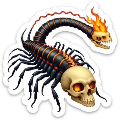 Infernal Centipede Tyrant – A towering centipede king with flaming exoskeleton armor, venomous fangs, and a human skull embedded in its chest sticker