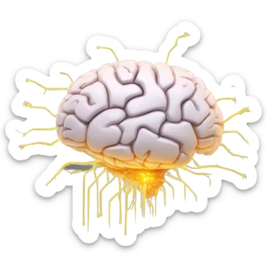 Brain with glowing neurons and computer chip on top sticker