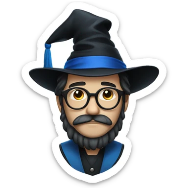 man with white skin, black longer hair, mustache, glasses, with a magic hat, ravenclaw sticker
