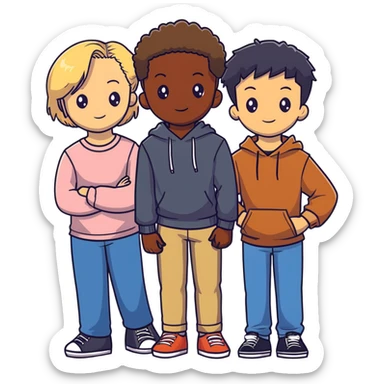 Group of diverse friends standing together, including a dark-skinned boy with straight hair, a light-skinned boy with straight blonde hair, a light-skinned girl with straight black hair, a mixed-race girl with straight brown hair, a light-skinned boy with wavy black hair, a mixed-race girl with dark curly hair, and in the center a light-skinned girl with wavy brown hair sticker