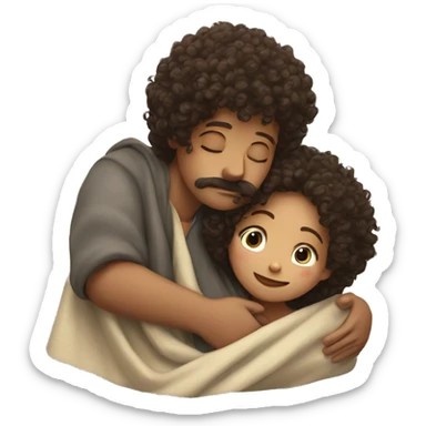 Boy with a moustache hugs a girl with curly hair , under a blanket sticker