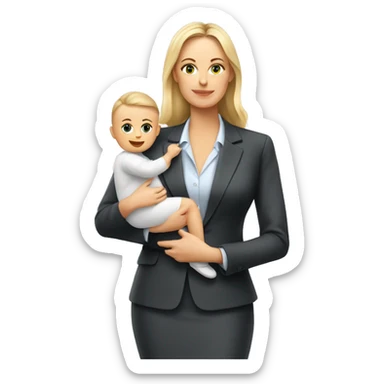 Busy european mom in businesssuit with baby sticker