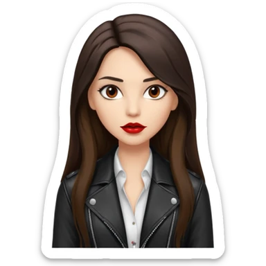 brunette with very long hair in black cuir jacket with red lips and very dark brown eyes and white shirt sticker