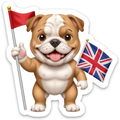 english bulldog waving a small tour flag, smiling sticker