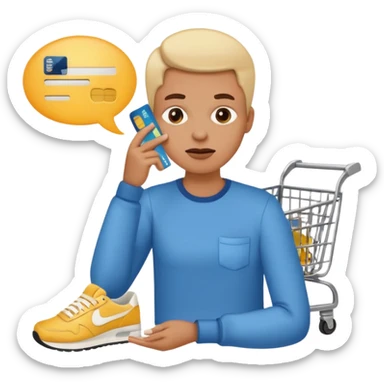 Emoji-style illustration of a person holding a credit card, hand on chin thinking. A thought bubble above the head showing clothes, sneakers, and a shopping cart, representing deciding whether to spend money. Clean, modern emoji style, bright colors, white or transparent background. sticker