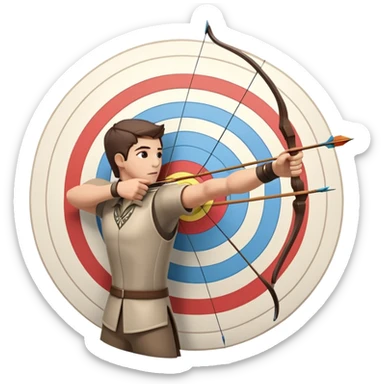 An archer drawing a bow and aiming an arrow at a target, with perfect focus and precision. The target is visible in the background, featuring concentric rings. The scene captures the concentration and skill involved in archery, emphasizing the elegance and accuracy of the sport. sticker