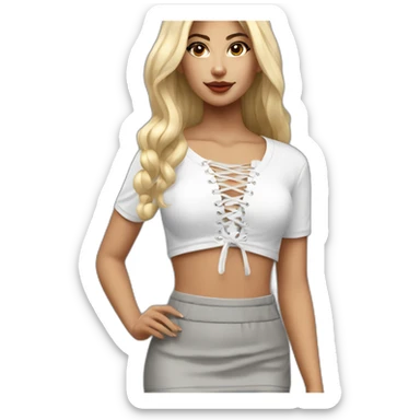 white long straight blonde woman realistic white lace up crop top and grey mini skirt sticker