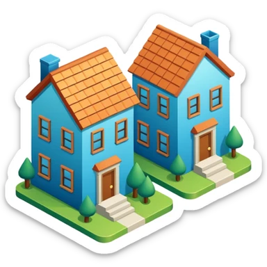 group of 3 houses representing neighborhood isometric houses on transparent background similar in style to the iphone icons houses should be colored in blue and green details sticker