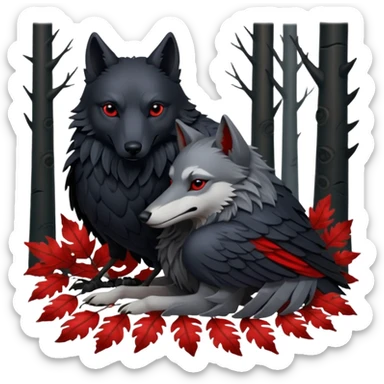 A raven and a wolf curled together with Weirwood leaves beneath them  sticker
