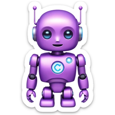 Cute mini robot character, purple body, white C symbol on the chest, soft neon glow, simple face with two bright blue eyes sticker