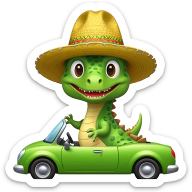 Make a dinosaur with a sombrero driving a car sticker