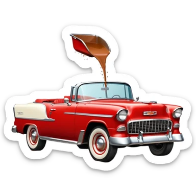 1955 Chevrolet Bel Air Convertible, Red-White color, with a bucket of brown mud pouring down on it, and the car itself is all dirty. 32x32 pixels, aspect ratio: 1:1 sticker