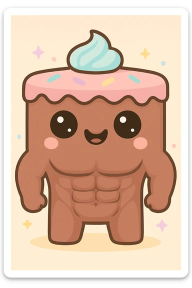 Make the abs on the chocolate cake more realistic while keeping a cute kawaii style. Use a pastel background. sticker