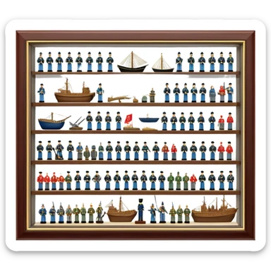 Icon for Miniature Collecting: a collection of finely detailed miniature items such as tiny colorful army of soldiers, ships and accessories, neatly displayed on a shelf or in a display case. The icon should convey the intricacy and charm of collecting miniature objects. Transparent background. sticker
