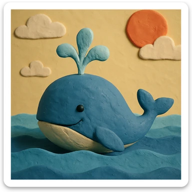 a blue whale with a water spout, claymation style sticker