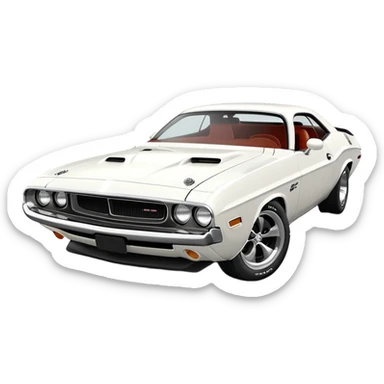 Elegant white 1971 Dodge Challenger muscle car, precise 30-degree perspective view, showing detailed front fascia and profile, clean lines, completely white exterior, iOS emoji style sticker