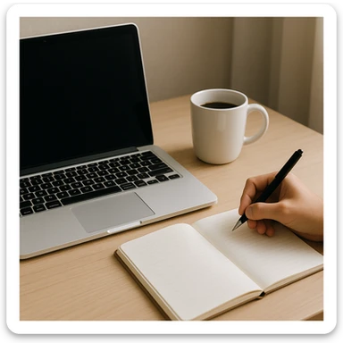 A MacBook laptop, a coffee mug, and a hand writing in a notebook, all together in a cozy workspace scene, clean and modern style. sticker