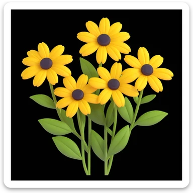three yellow rudbeckia flowers with green leaves, 3D iOS style, emphasis on volume and depth, white background sticker