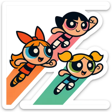 three superpowered girls flying, inspired by the Powerpuff Girls, vibrant cartoon style sticker