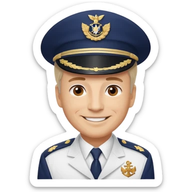 A light-skinned mid-aged man with brown eyes, smiling while wearing a white captain’s hat with a navy emblem. sticker