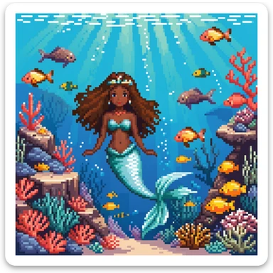 Dark brown skin beautiful mermaid princess in ocean setting with coral reef and fish sticker