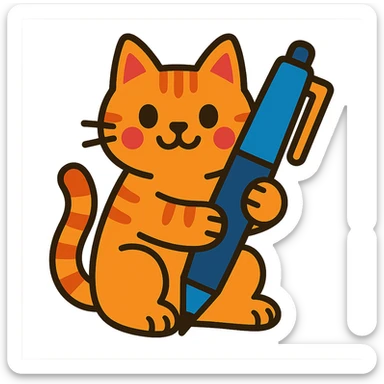 a cat holding a pen, fun and clear style, vibrant toon style sticker