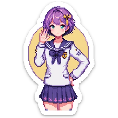 Pixel art anime schoolgirl with short bright purple hair in Japanese sailor uniform, standing with one hand on hip trying to look brave but shyly waving with pink blush across face sticker