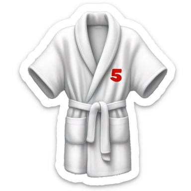 white bath robe with a large number 5 in red on it sticker