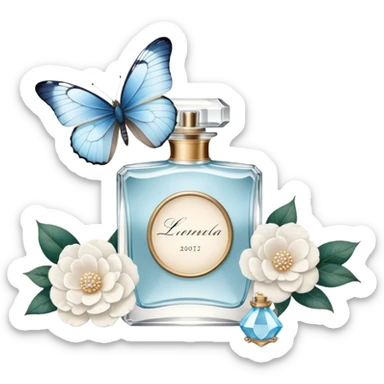 A nostalgic composition of an antique perfume bottle with a crystal stopper, an old love letter, and a single pale blue butterfly resting atop a white camellia.
 sticker