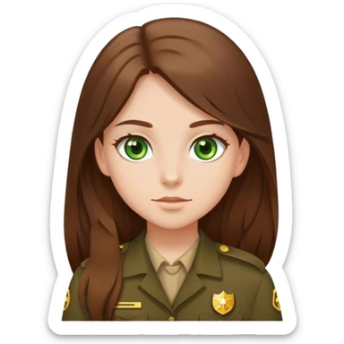 Chica pelo largo castaño ojos verdes piel clara y uniforme cafe  sticker