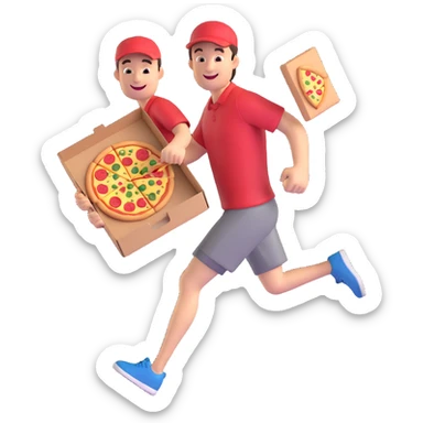 a man running with a pizza box in his hands, smiling, 3D cartoon style, exaggerated features sticker